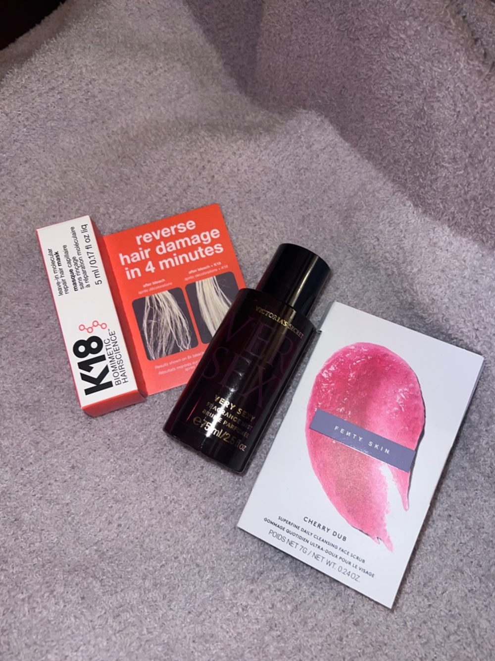 Bundle: Fenty cherry face scrub, K18 hair mask, VS Very Sexy body spray